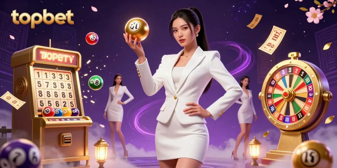 Engage with topbet's dynamic casino scene featuring a stunning woman holding a roulette ball amidst vibrant lottery elements.