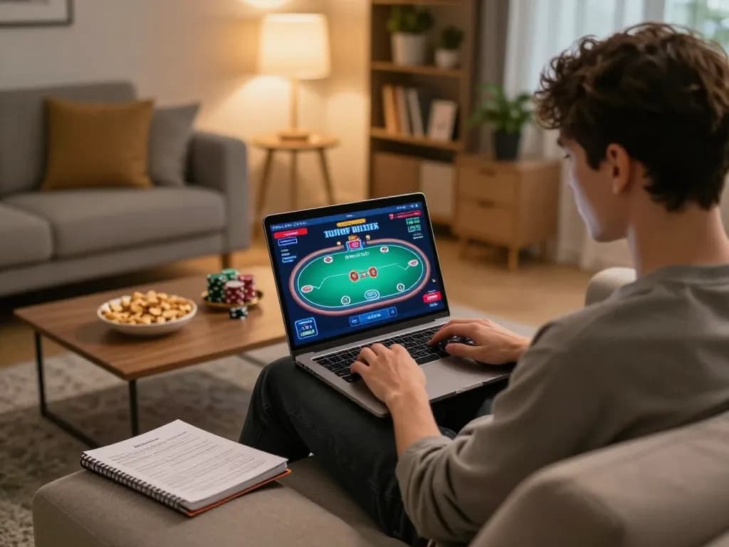 Người chơi Sunwin tham gia chiến lược poker trực tuyến trên laptop trong môi trường ấm cúng tại nhà, nhấn mạnh việc cờ bạc có trách nhiệm.