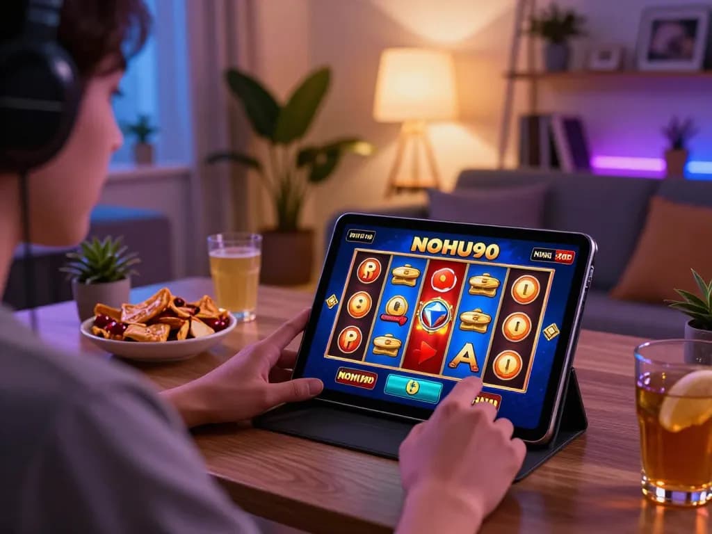 Engaging player experiencing exciting NOHU90 slots on a tablet in a cozy home environment.