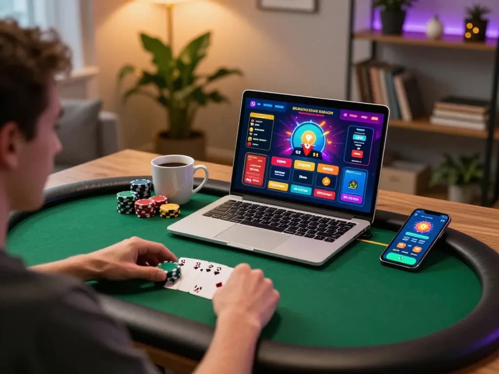 Người dùng B52club chơi poker trực tuyến với giao diện đầy màu sắc trên laptop trong không gian ấm cúng tại nhà