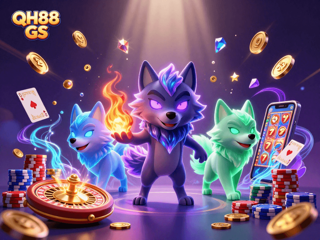 Experience the thrilling world of QH88 GS with vibrant casino elements and charming wolf characters.