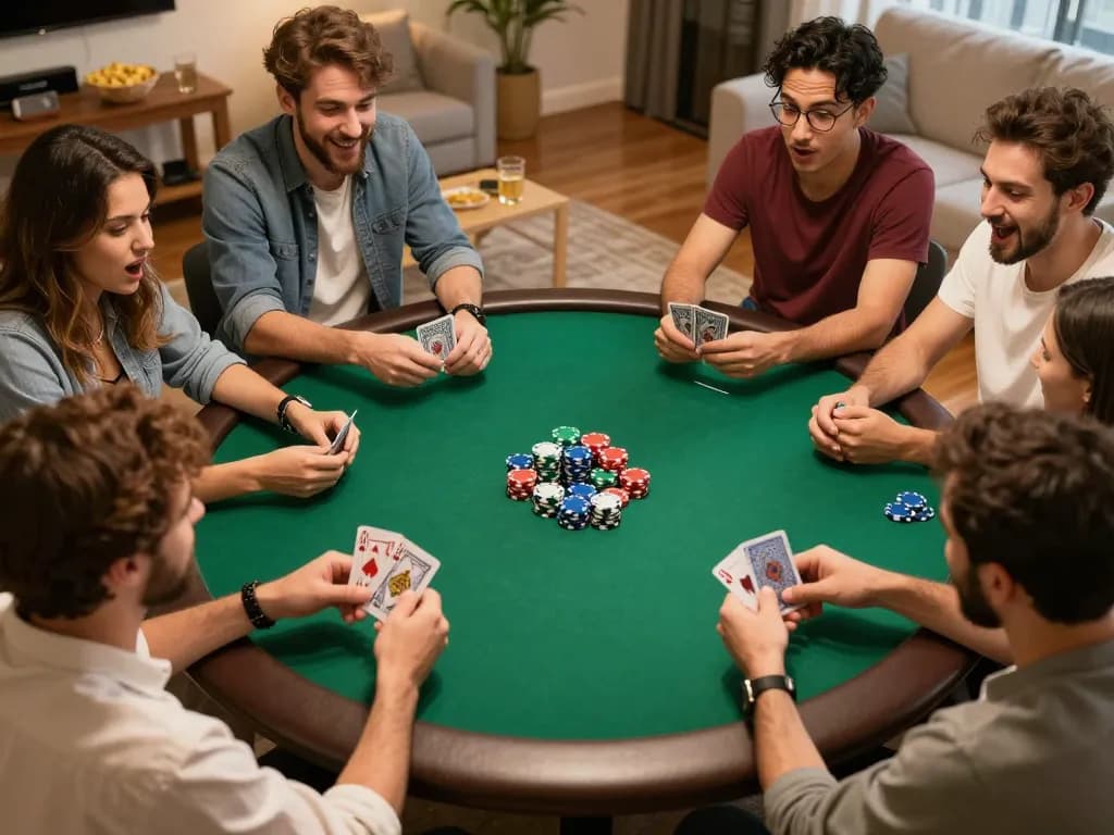 Buổi tối chơi poker tại Go88 với bạn bè ăn mừng chiến thắng và tham gia vào trò chơi.
