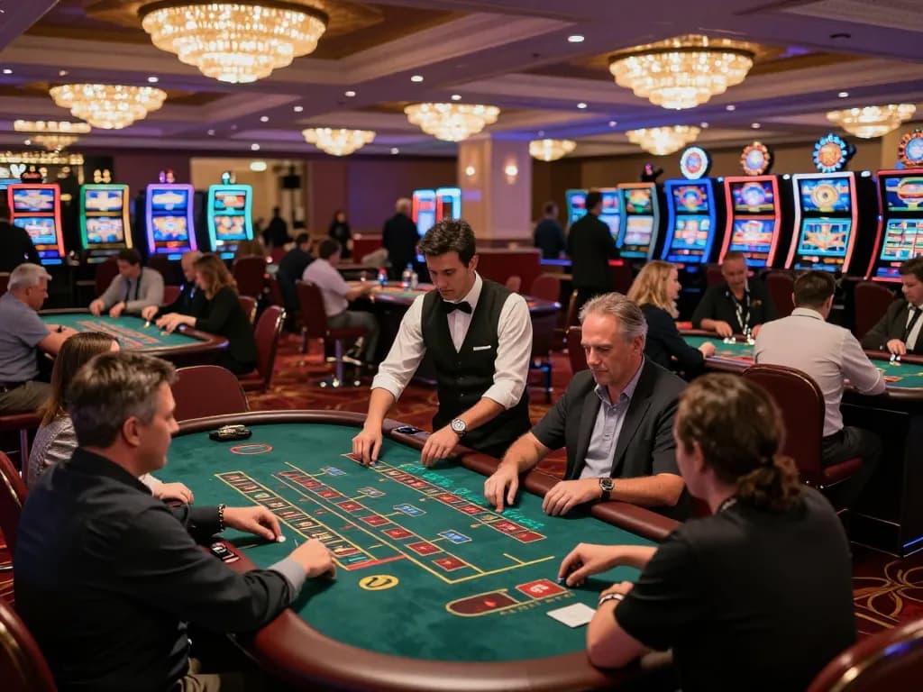 Engaged players at a blackjack table in a lively casino atmosphere with VIN777 branding