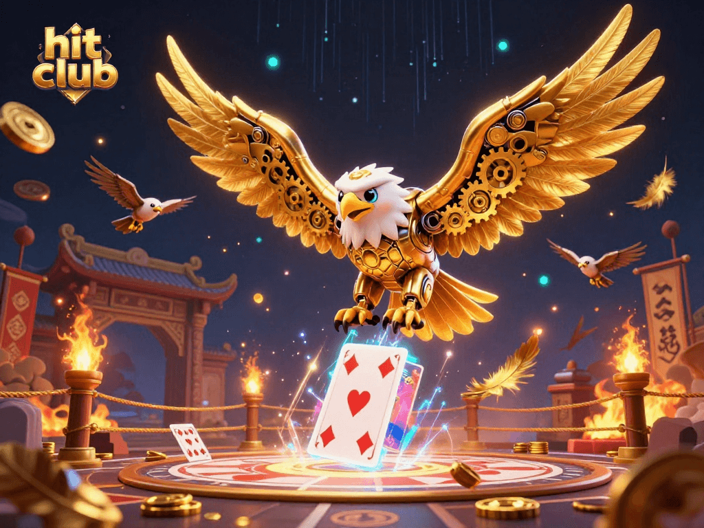 Experience the hit club atmosphere with a cybernetic eagle and holographic cards in a vibrant casino scene.