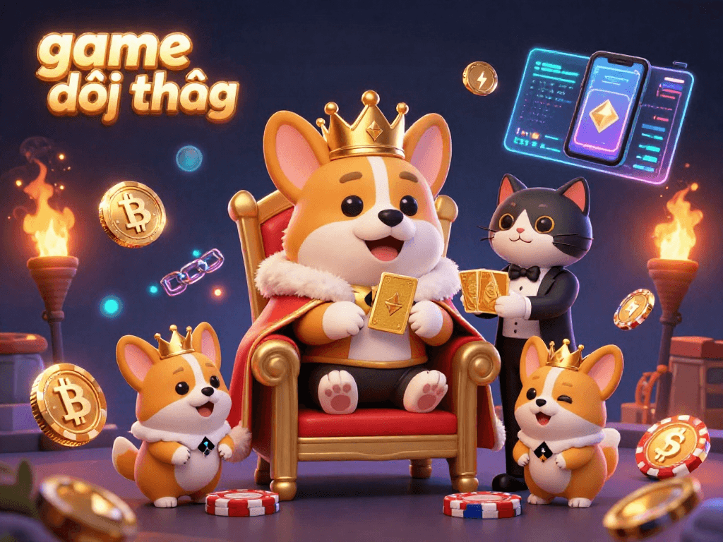 Game đổi thưởng illustration showcasing royal corgi and cat butler amid vibrant casino elements.