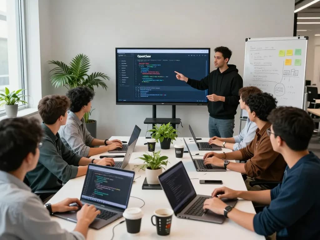 Team collaborating on OpenClaw AI features in a modern office.