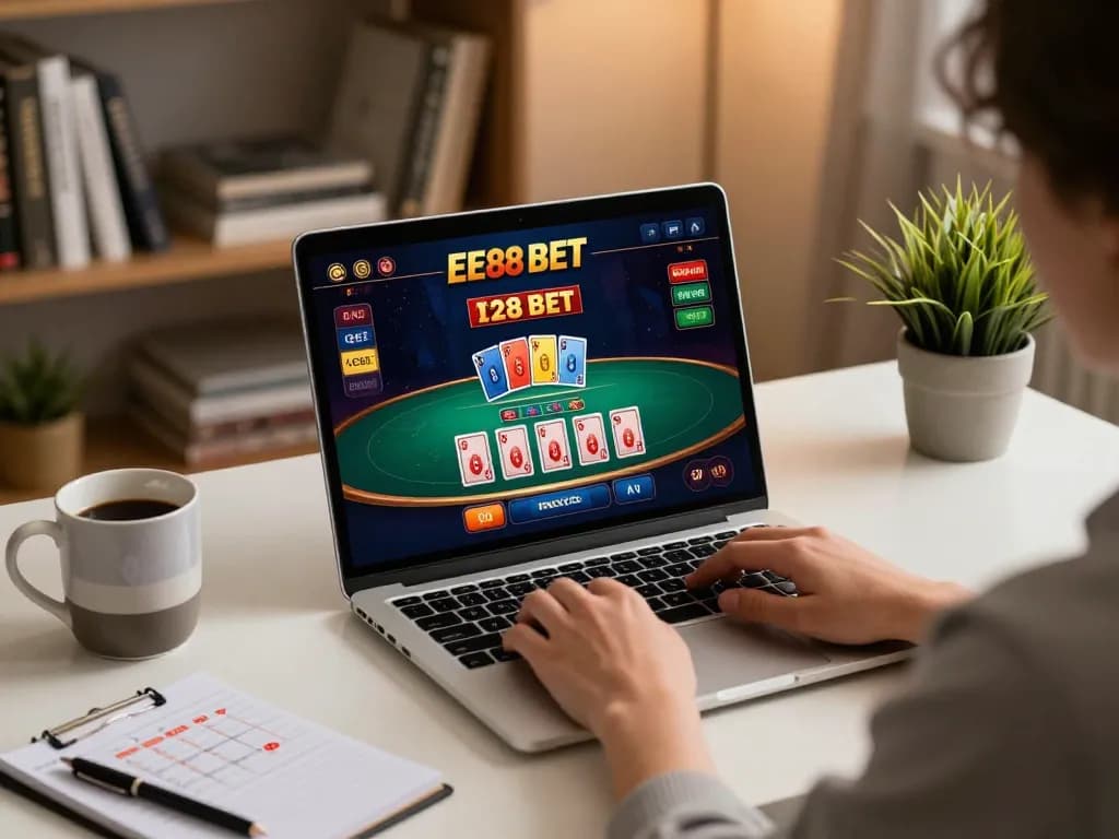 Player engaging in EE88 BET online gambling at home with laptop and live dealer game.