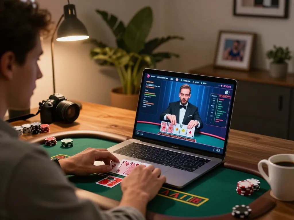 Engaged player enjoying online blackjack at XX88, showcasing a modern home setup and exciting gameplay experience