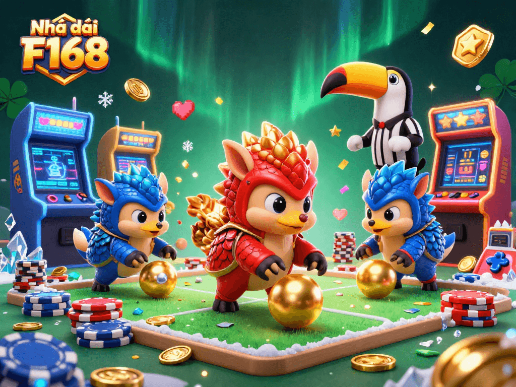 Experience thrilling fun with Nhà cái F168; vibrant pangolin duel amid poker chips and arcade gaming.