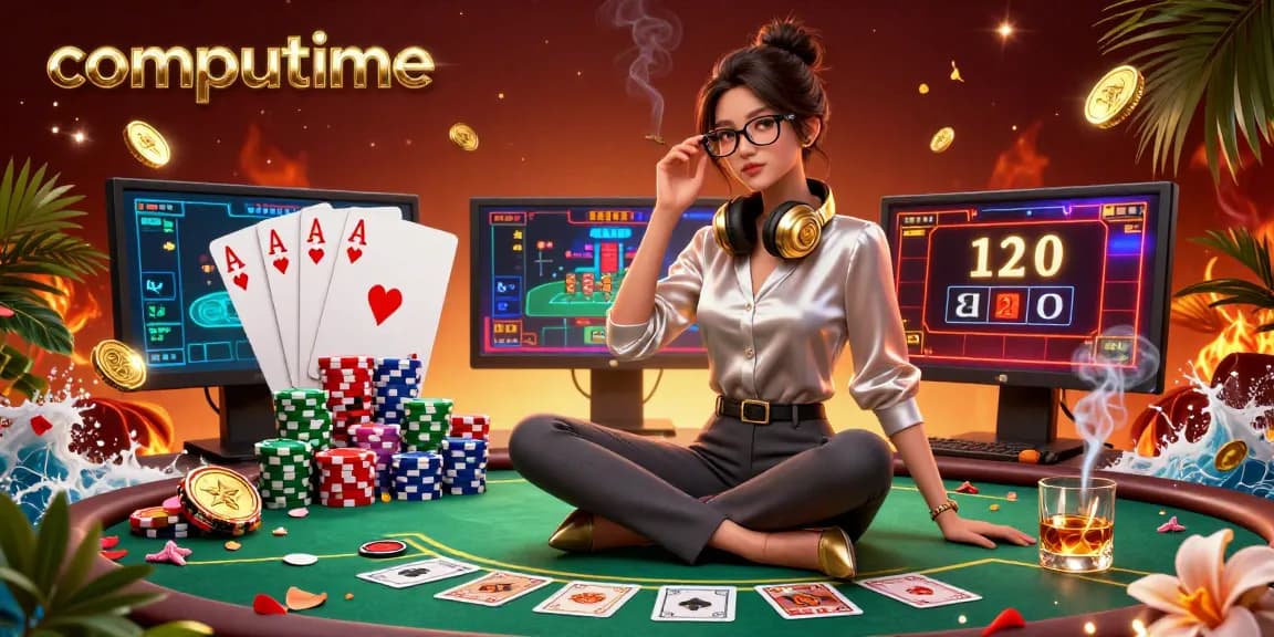 Engaging moment with computime as players strategize around a poker table amid vibrant casino visuals.