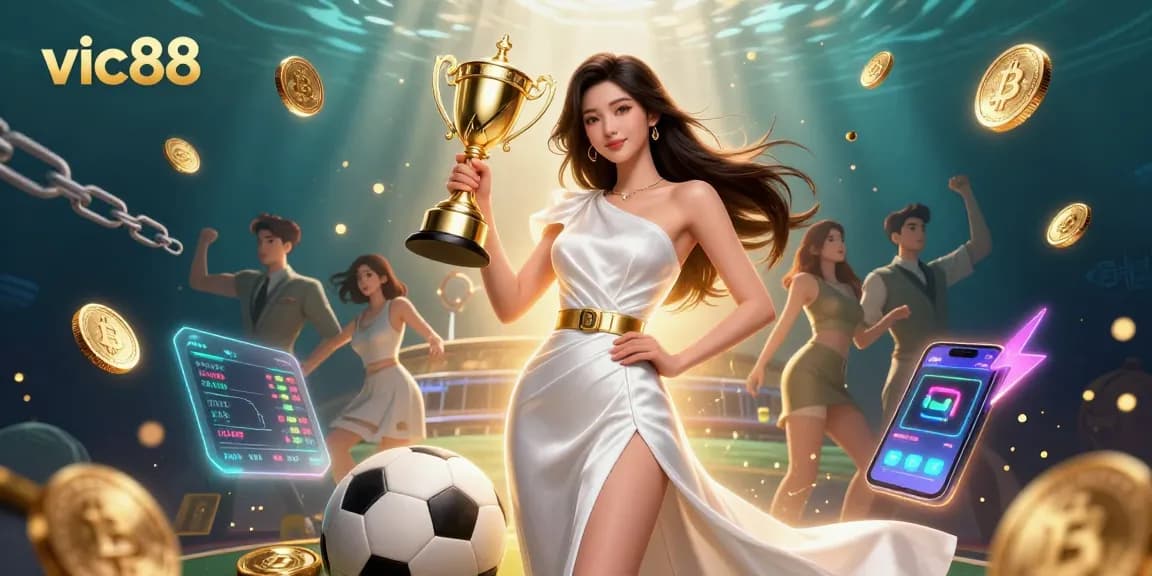 Win big with vic88 at this luxurious casino scene featuring cryptocurrency elements.