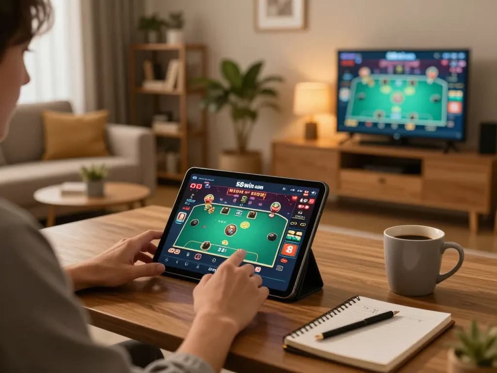 Playing poker on 58win com tablet in a cozy home setup, highlighting responsible gaming.