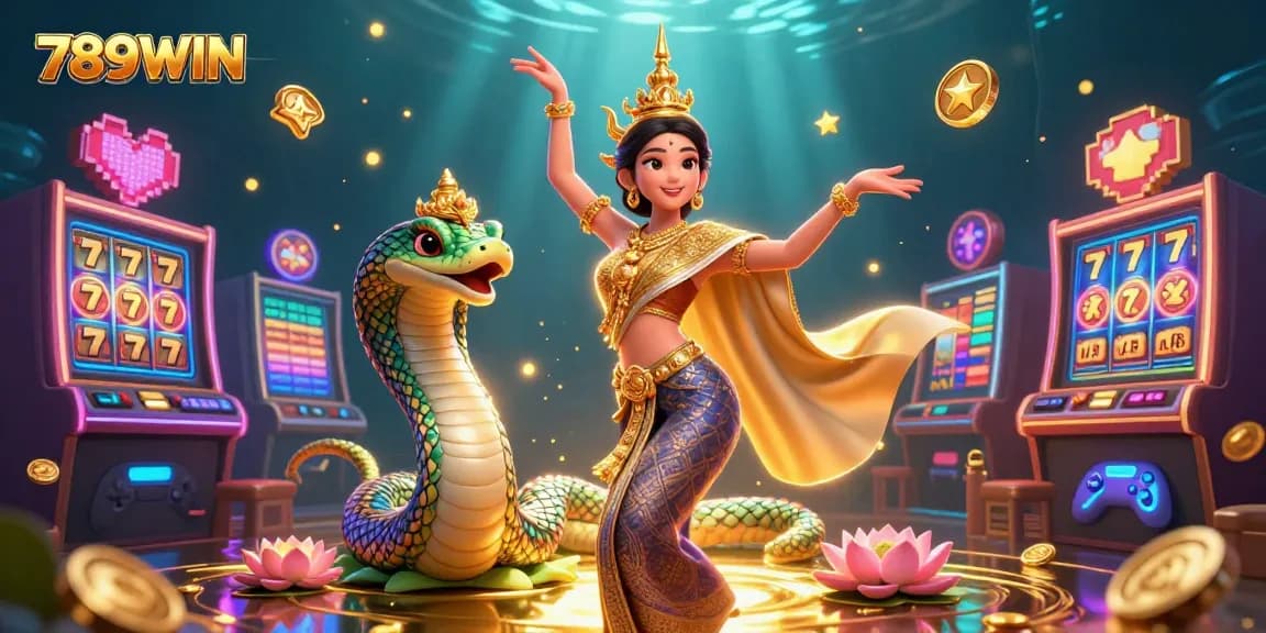 Experience thrilling 789WIN slots with vibrant characters and dynamic gaming elements in an enchanting scene.