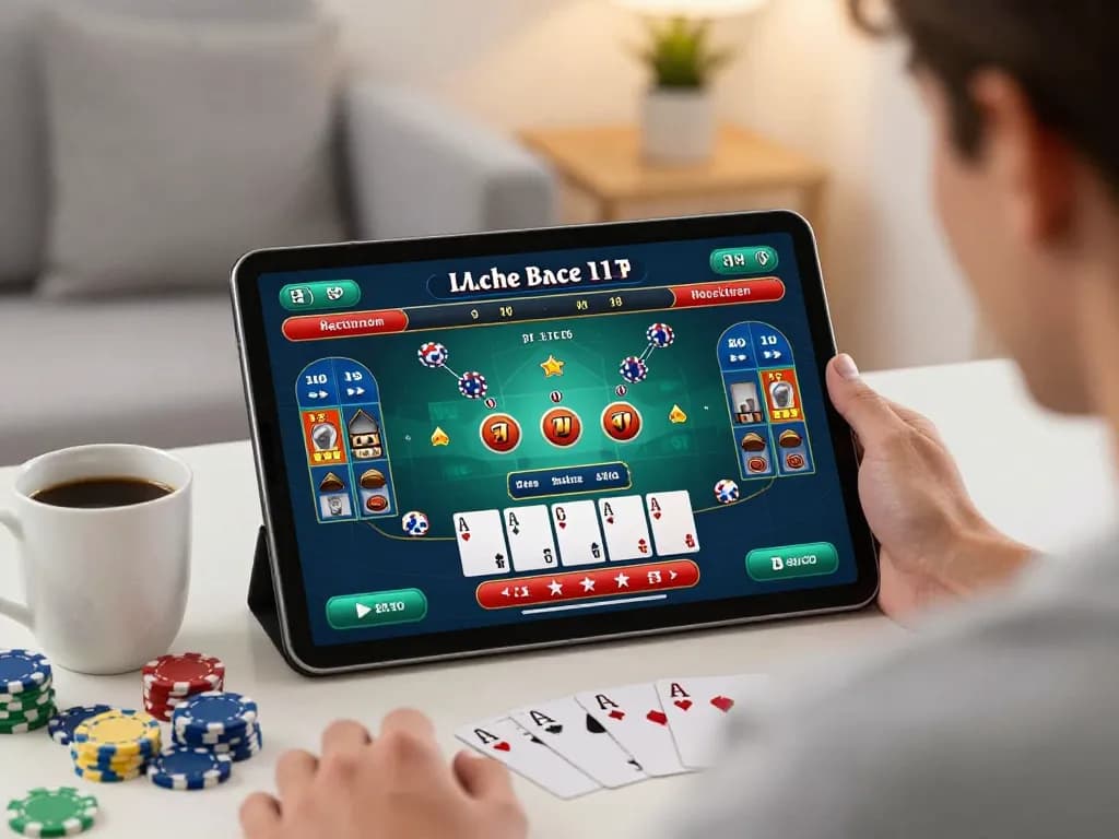 Trò chơi Baccarat trên máy tính bảng của B52club trong không gian ấm cúng, thể hiện chiến lược đánh bạc trực tuyến.