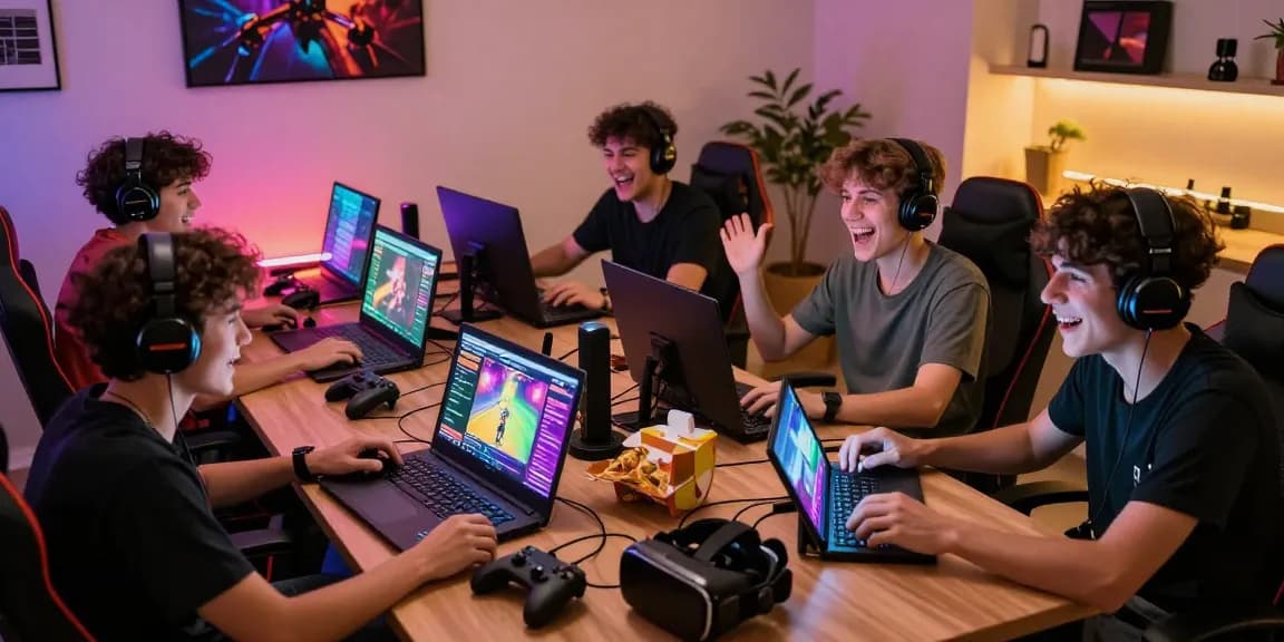 Group enjoying a lively session of porn game online, surrounded by gaming gear and vibrant decor