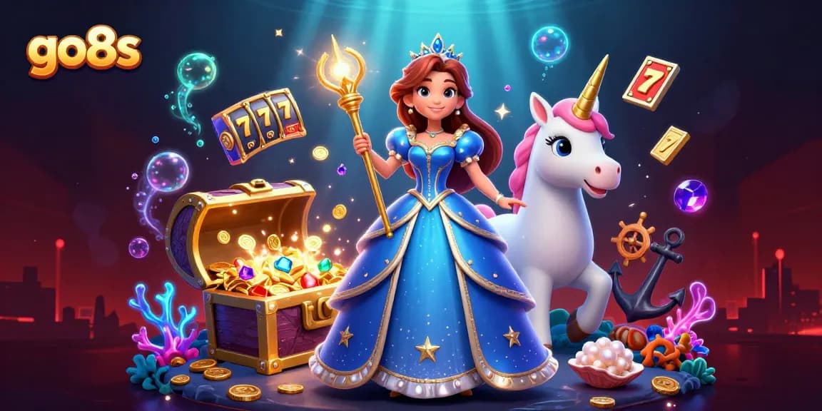 Experience magical gaming action at go8s with vibrant colors and captivating characters in an enchanting casino scene.