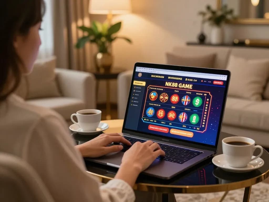 Engaging with NK88 GAME on a stylish laptop for online casino gaming while enjoying a cozy home atmosphere.