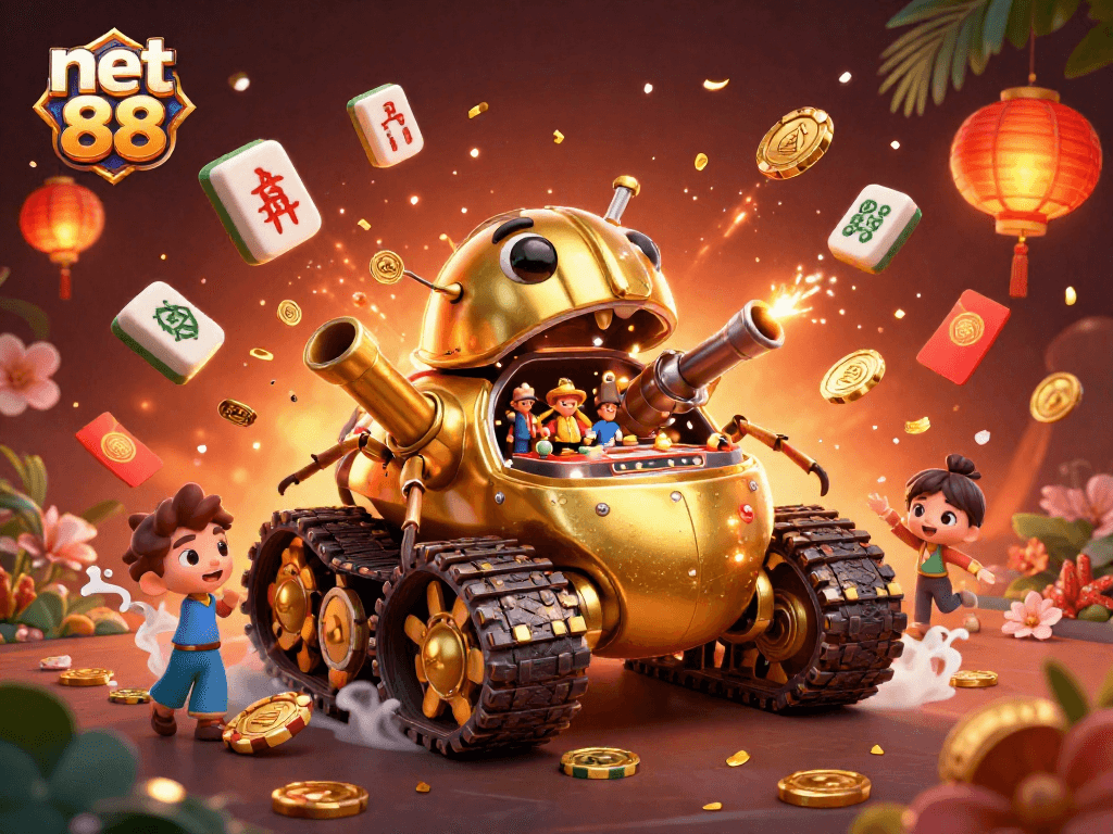 Experience net 88 in this vibrant 3D casino scene featuring a golden beetle tank.