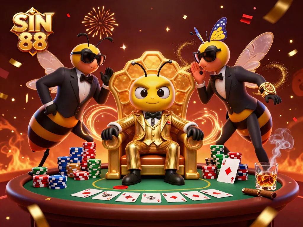 Engage with SIN 88 at a vibrant poker showdown featuring unique characters and festive elements.