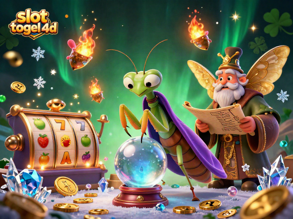 Engage in slot togel 4d, featuring vibrant characters like a fortune teller and moth librarian among dynamic casino elements.