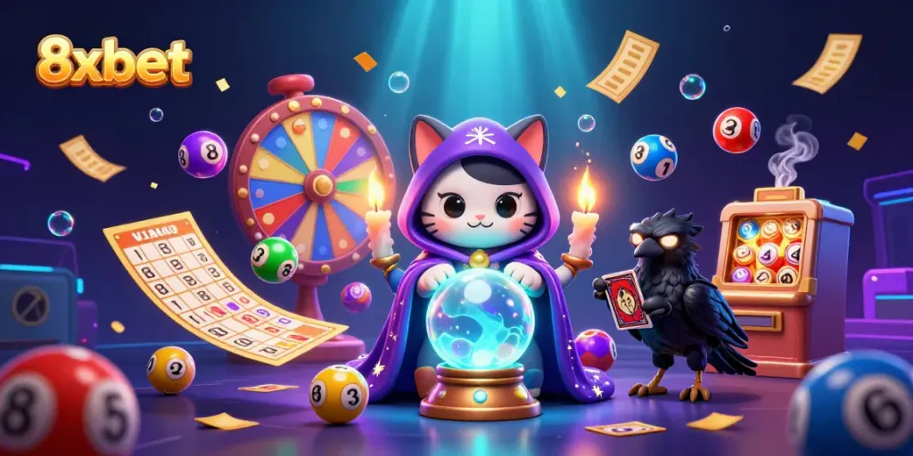 Experience the thrill of 8xbet with vibrant lottery elements and mystical characters in a captivating scene.