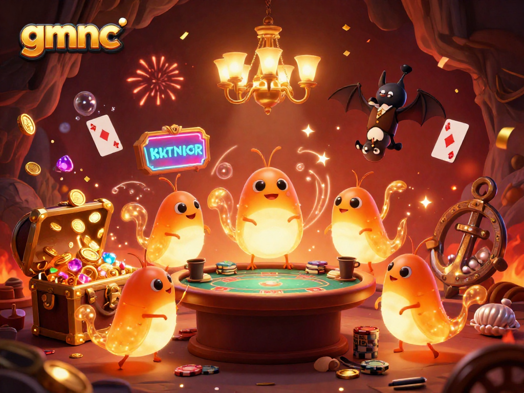 Watch gmnc glowworms brighten up a vibrant cave casino while playing cards and celebrating!