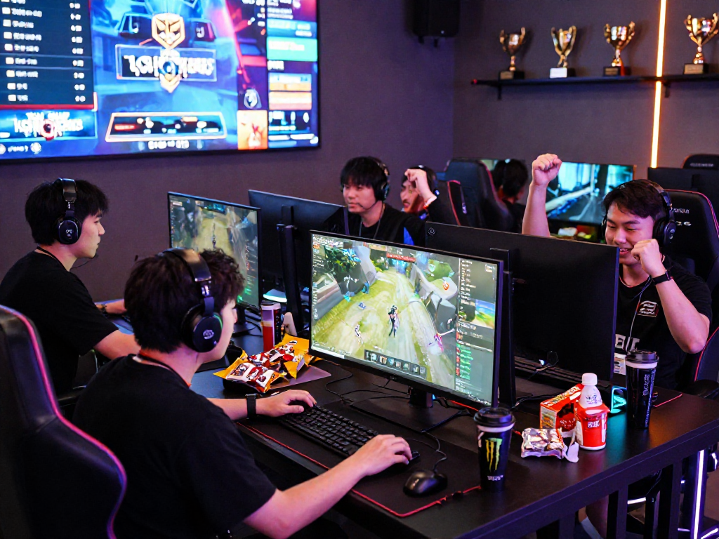Players celebrating and strategizing around the KOMBET168 gaming platform, capturing vibrant esports excitement.