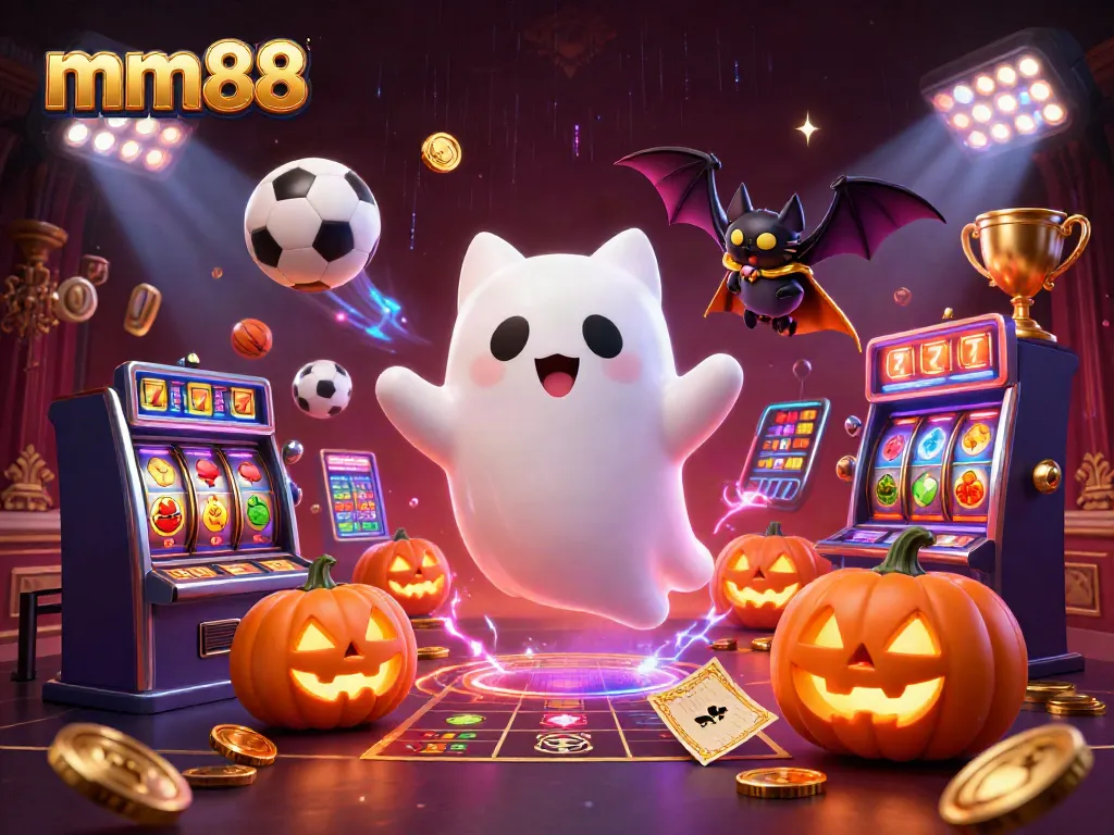 Experience the thrill of mm88 with a ghost cat and vampire bat in a haunted casino scene.