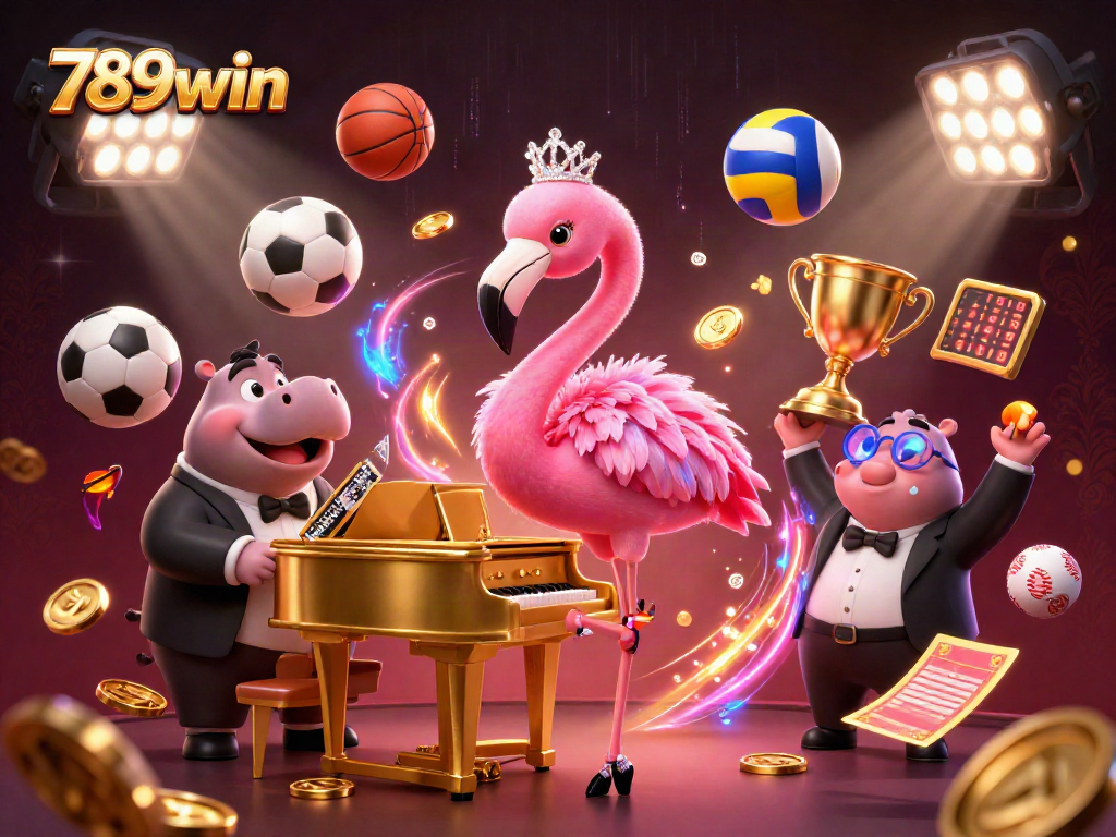 Engage with 789win through a vibrant scene featuring flamingo singers and sports elements.