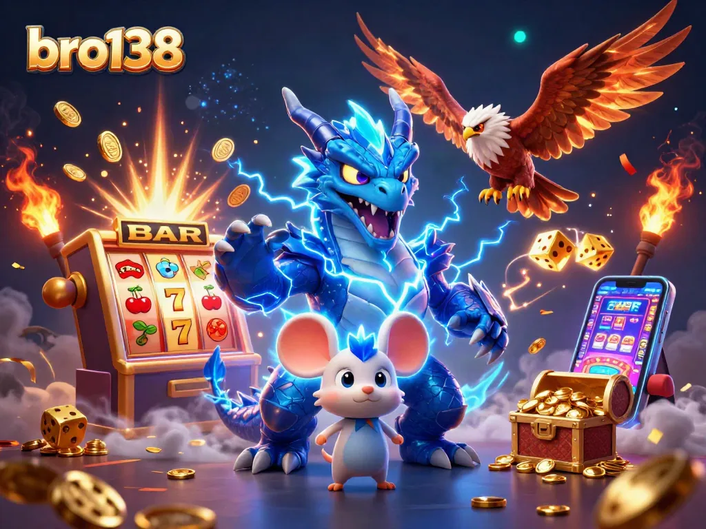 Experience thrilling wins with bro138's dynamic slot scene featuring vibrant dragons and jackpot effects.