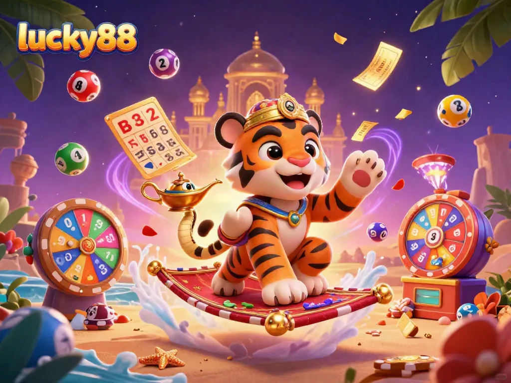 Experience thrill with the lucky88 slot, surrounded by colorful elements and casino symbols.