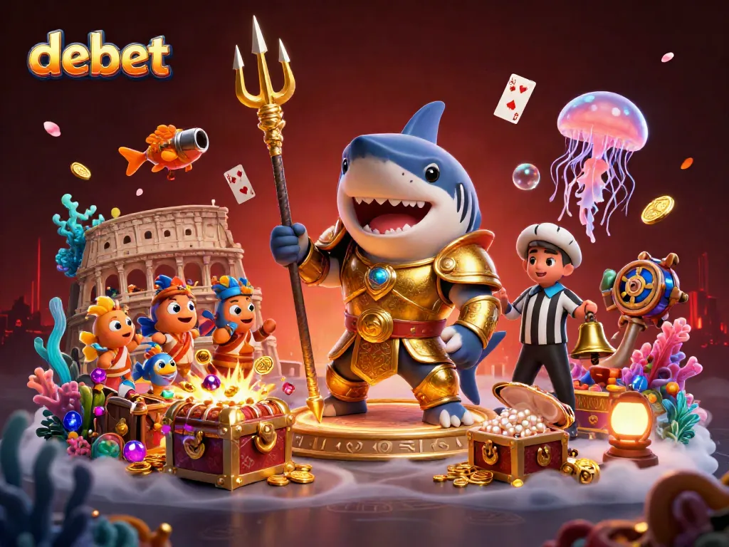Immerse in the debet gaming scene with an ultra-detailed depiction of a shark gladiator and cheering fish.