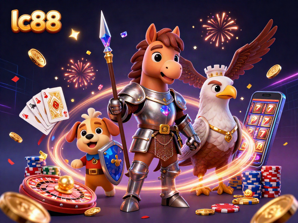 Experience thrilling moments at lc88 with a knight, squire, and falcon amidst casino excitement.