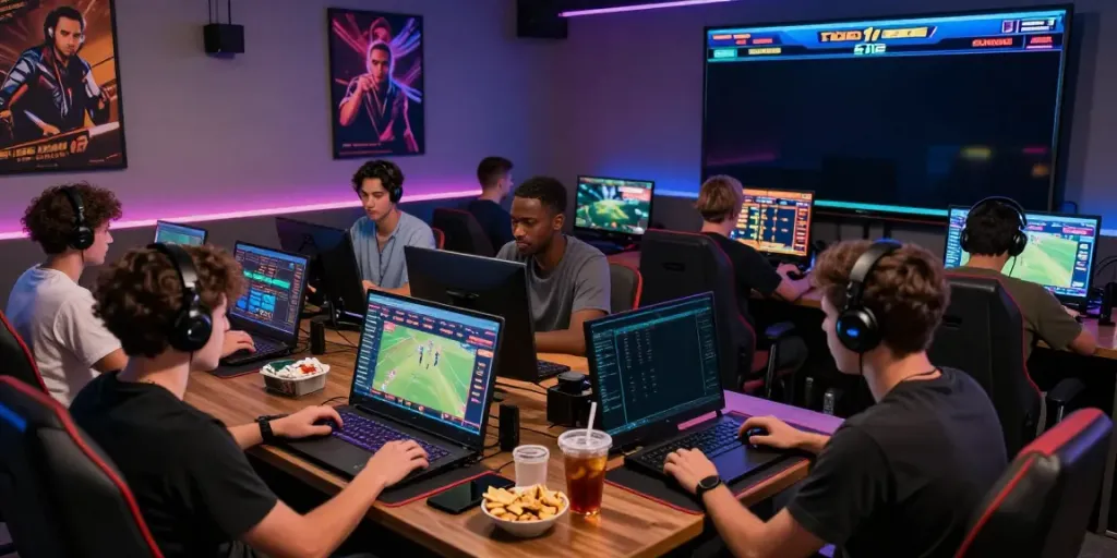 Players engaging in online gaming at https://five88.boats/, showcasing a vibrant gaming atmosphere with devices and sports odds.