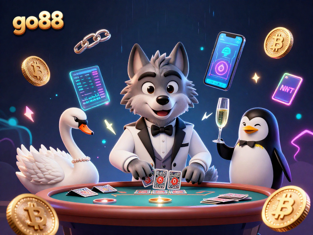 Place bets at go88 with a debonair wolf, elegant swan, and penguin presenting champagne.