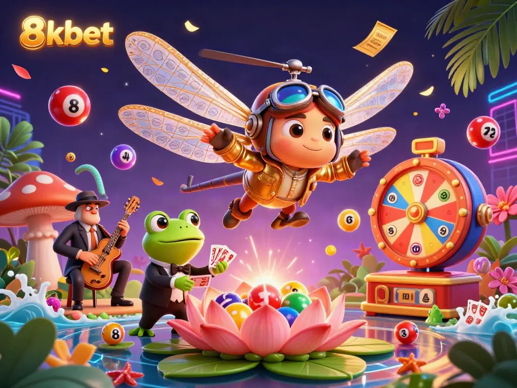 Experience vibrant gaming scenes with 8xbet's dynamic casino atmosphere, featuring playful characters and rich details.