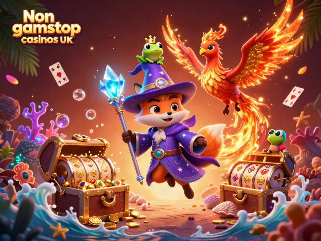 Engage with Non gamstop casinos UK featuring a mystical wizard, phoenix, and vibrant slots in action.