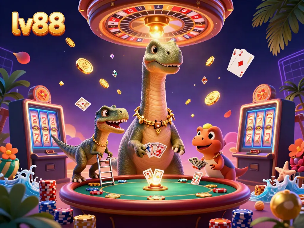 Experience the thrill of lv88 casino games with an imaginative 3D illustration featuring playful characters and vibrant elements.