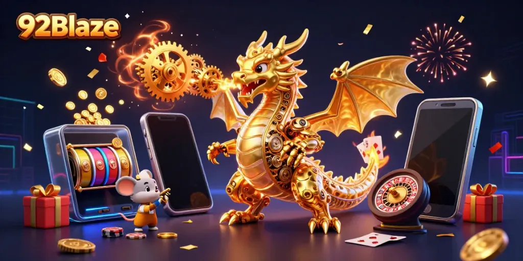92Blaze showcases an engaging gaming scene with a dragon and vibrant slot elements.