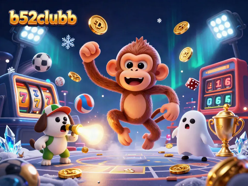 B52Clubb showcases a lively 3D illustration of a playful poltergeist monkey and a curious puppy in a rich casino backdrop.