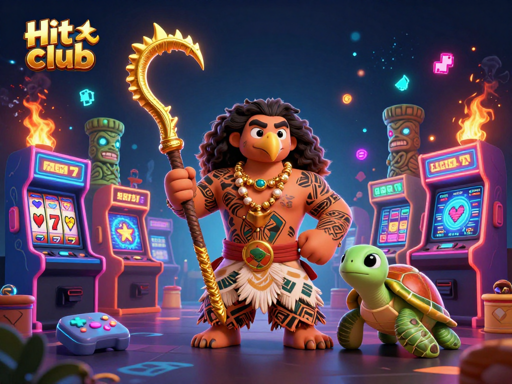 Hit club features a vibrant 3D scene with a demigod hawk and arcade game elements for immersive play.