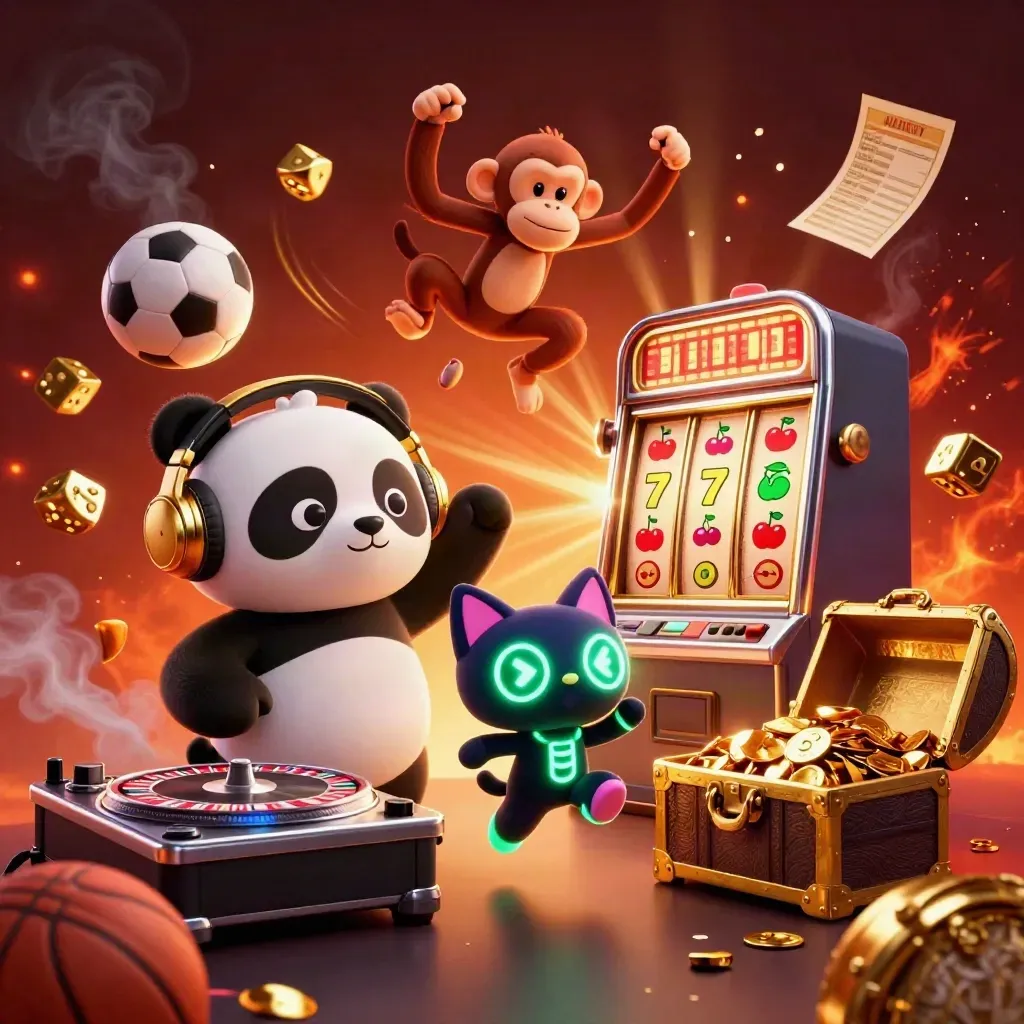 Low-angle casino sports splash with panda DJ, monkey and kitten amid balls, dice and gold.