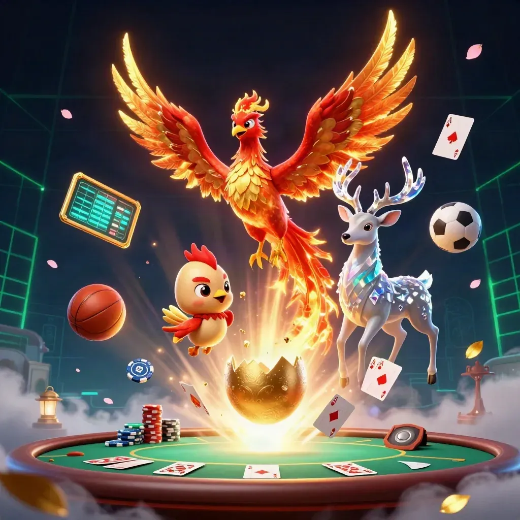 Fire phoenix, baby phoenix, and crystal stag amid casino chips, balls, and neon light.