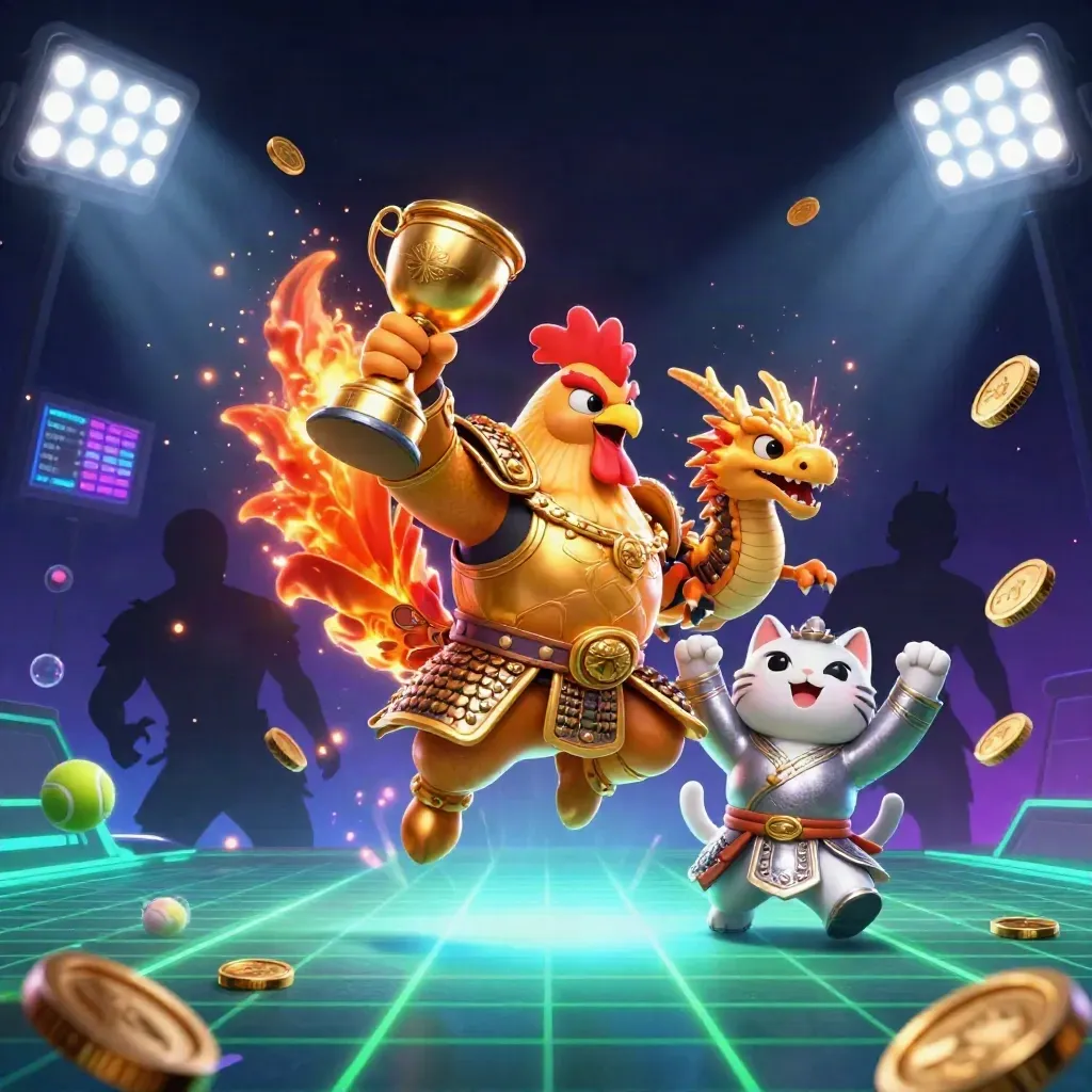 Golden rooster warrior, spark-breathing dragon hatchling, and cheering fortune cat amid casino sports energy.