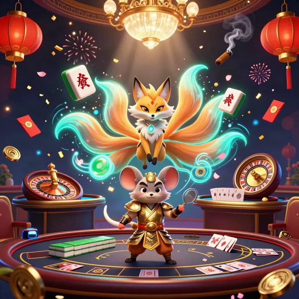 Neon fox spirit and samurai mouse in a luxury casino with lanterns, coins, and a spinning wheel.