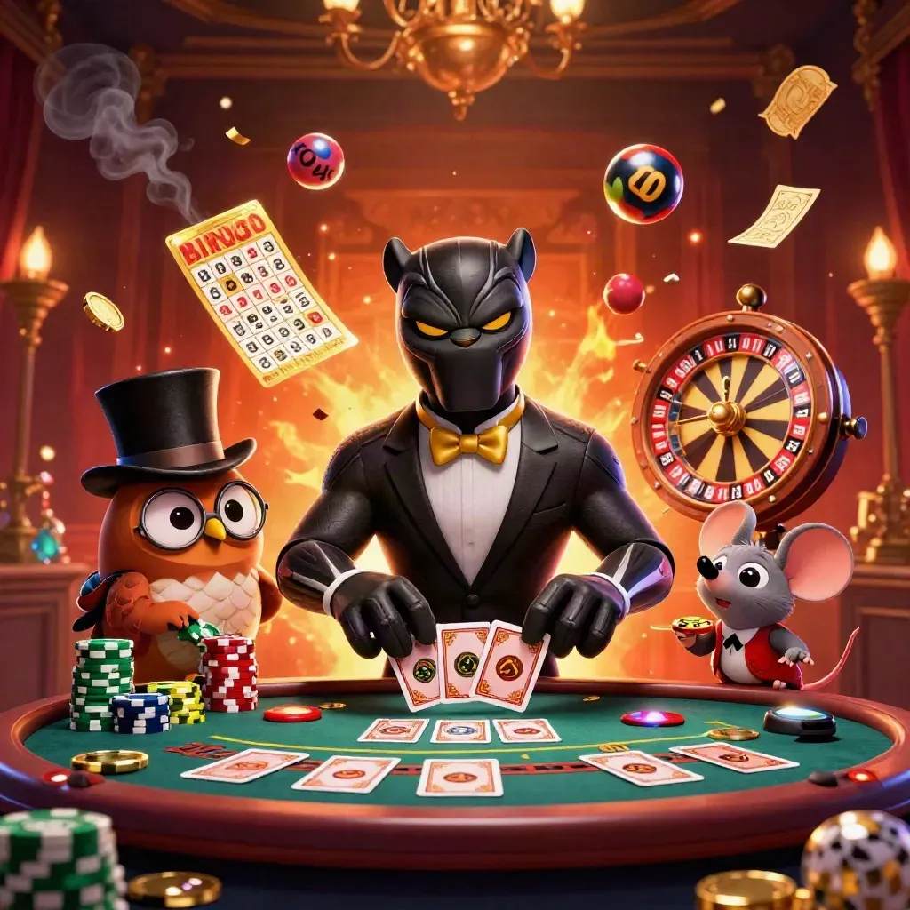 Panther, owl, and mouse in a glowing casino scene with roulette, chips, and flying tickets.