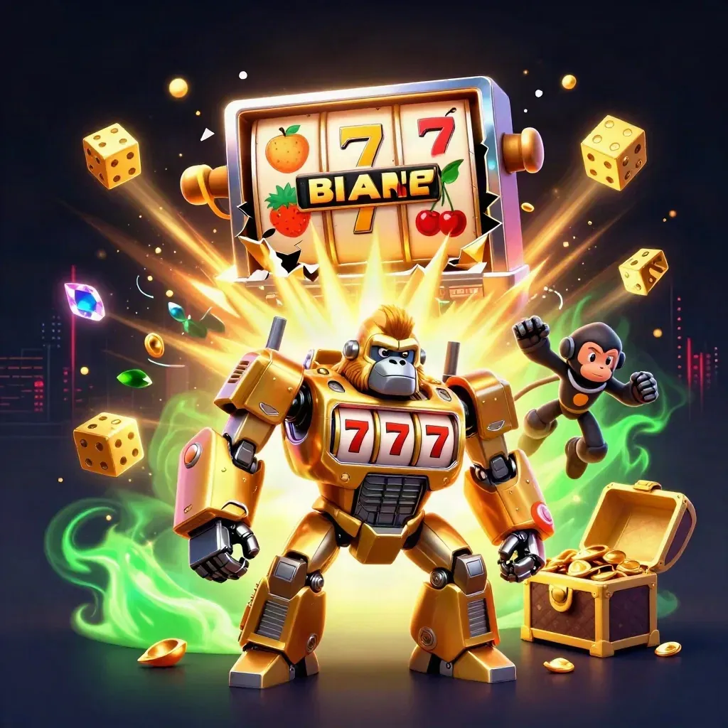 Golden gorilla mech with monkey pilot amid exploding slot symbols and neon green casino light.