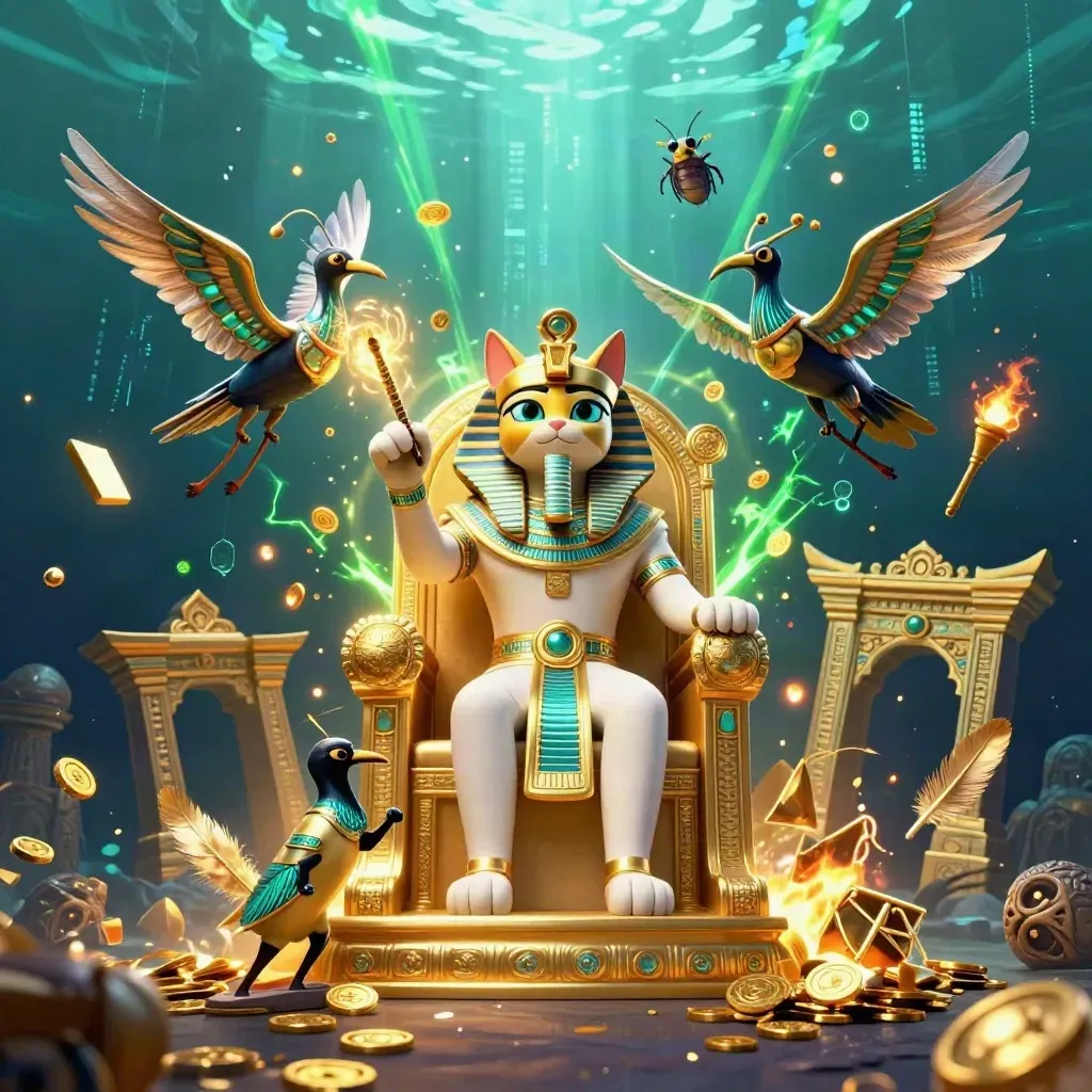 Pharaoh cat on a golden throne with an ibis scribe, gem-winged scarabs, and neon green energy.