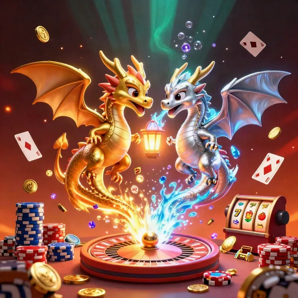 Twin gold and silver dragons spiral through coins, gems, cards, chips, and glowing casino effects.