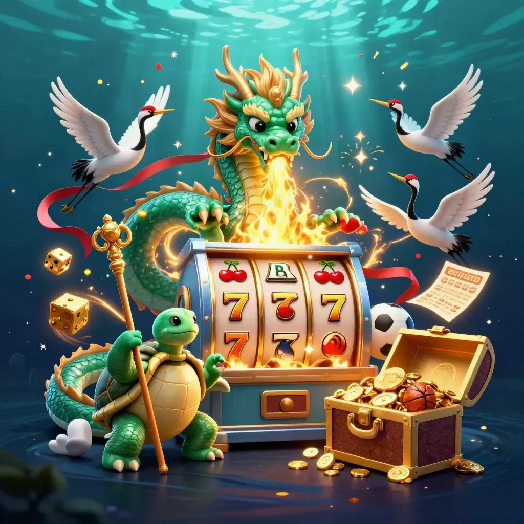 Jade dragon, turtle sage, and cranes amid jackpot burst, gold coins, fireworks, and sports icons.